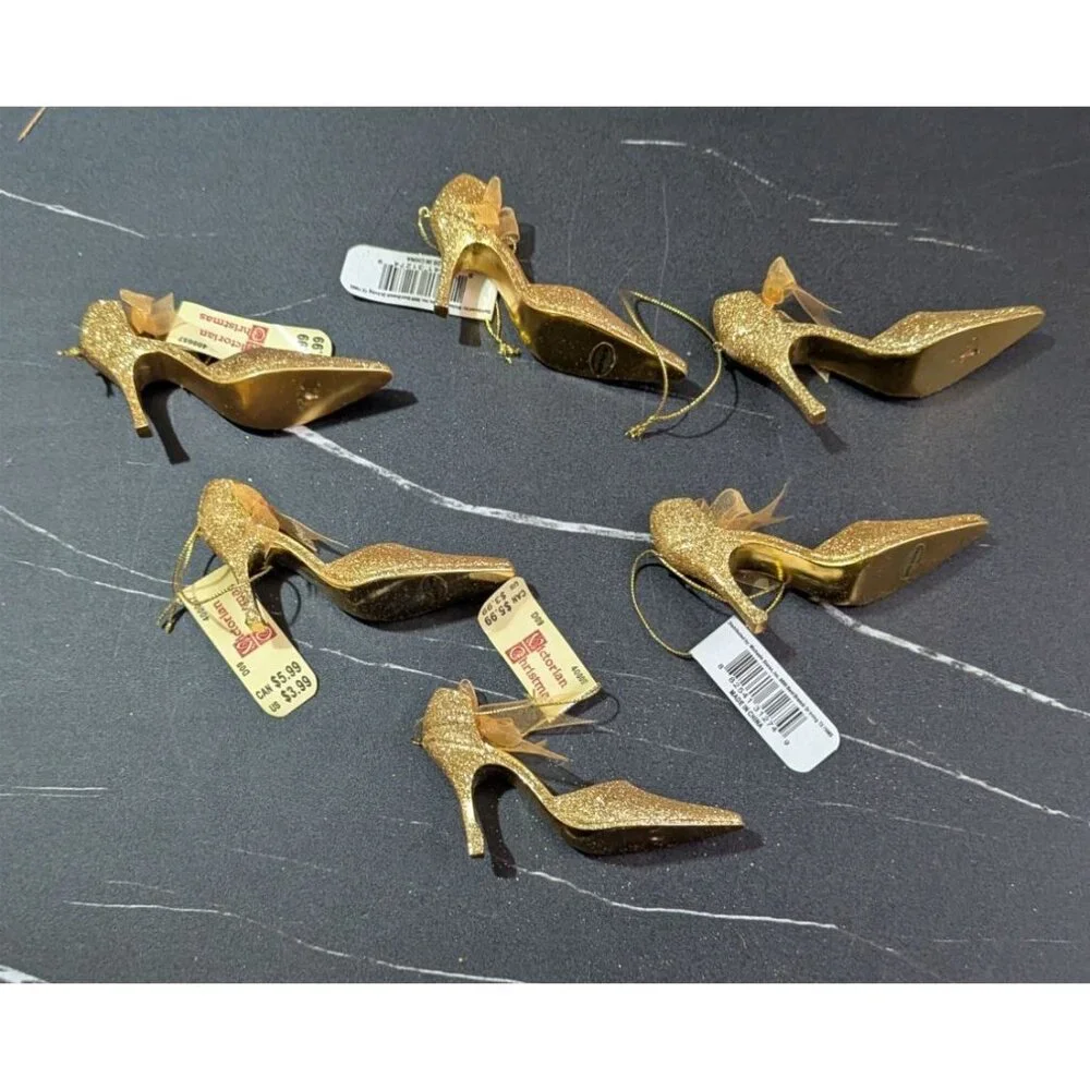 Christmas Gold‎ tone Glitter Pump shoe Ornaments - Pack Of 6 High Heel Décor